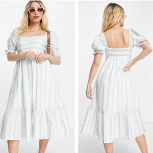 Abercrombie & Fitch puff sleeve midi dress in green and white stripe, Size M